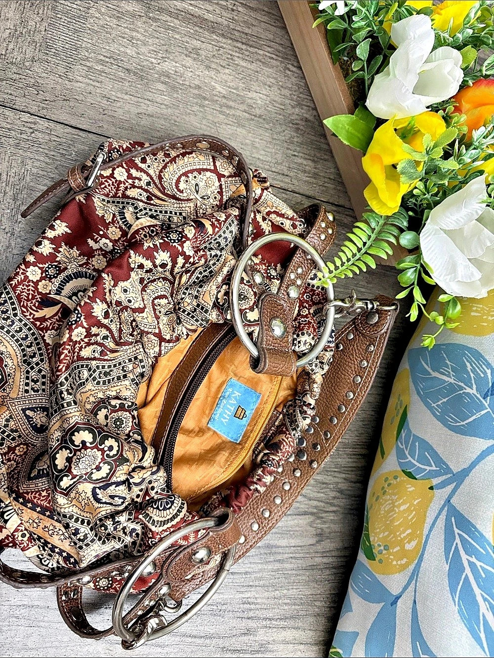 Kathy Van Zeeland Paisley Studded Shoulder Bag in Brown & Red